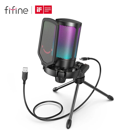 FIFINE Ampligame USB Microphone for Gaming Streaming with Pop Filter Shock Mount&Gain Control,Condenser Mic for PC/MAC -A6V